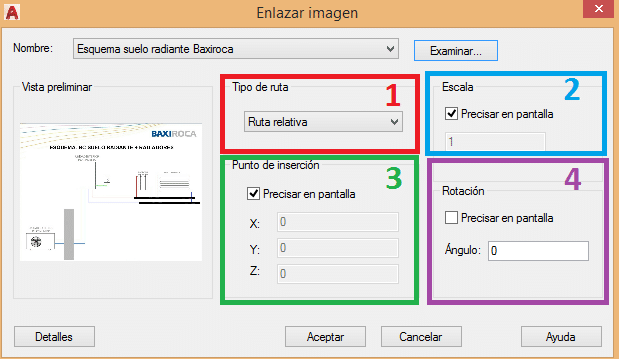 Insertar imagenes en AutoCAD Cuadro de diálogo