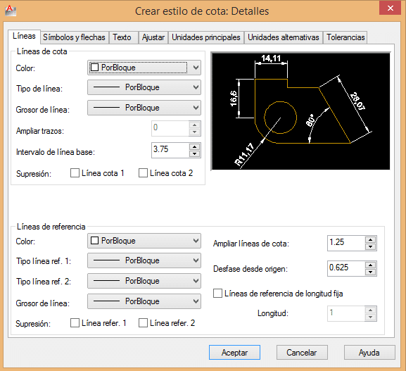 Cuadro de dialogo propiedades de cota autocad